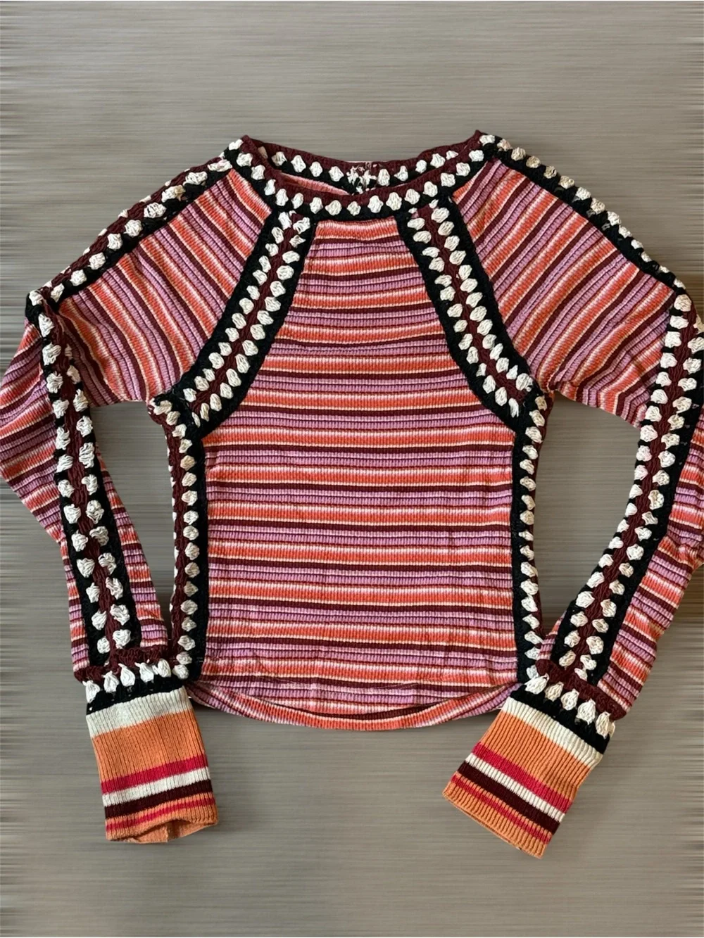 Free People Women’s Striped Pink Multi-Color Crochet Cropped Thermal Top!
